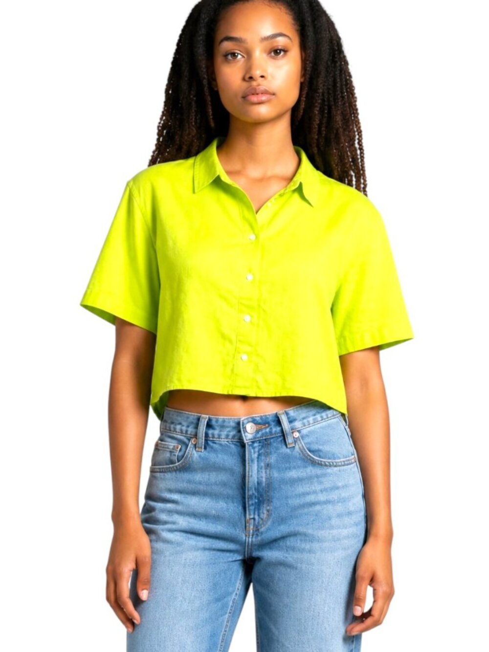 Womens L Linen Shirt Cropped Button Down Short Sleeve Top Chartreuse Lime Green